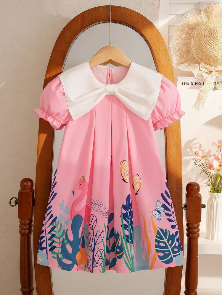 Young Girls Summer New Peter Pan Collar Bow Ruffle Cartoon Animal & Plant Print Casual Dress - Pink - View 2