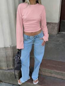New Stylish Solid Color Ruffle Trim Elegant Long Sleeve Round Neck Blouse, Suitable For Vacation, Date, School, Travel, And Daily Wear Pink Spring - Pink - View 4