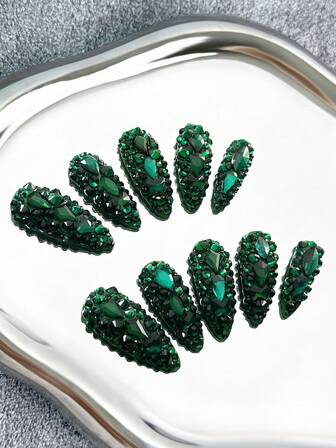 Y2K杏仁形美甲，手工制作，透明甲片，绿色水钻，闪亮全覆盖3D设计 - 全覆盖DIY闪光人造指甲，适用于派对、户外、海滩、日常、节日、聚会、工作和特殊场合 - 10片/袋