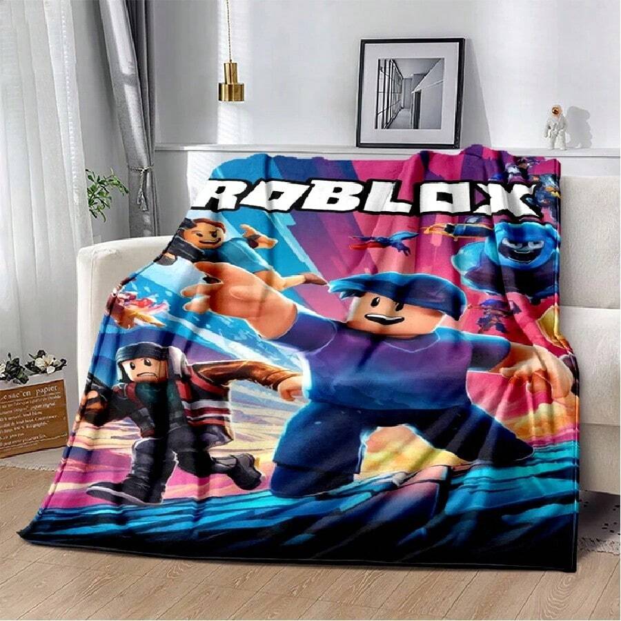 3D Cartoon R-Robloxs Game Flannel Blanket Soft Warm Throw Blanket For Bedroom Living Room Bed Travel Camping Picnic Gift(19).Jpg - 白色 - 查看 1