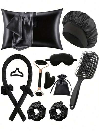 13/10/8/5/1 Juego de Herramientas de Peinado Negro, Incluye Tenacilla Rizadora, Masajeador Facial, 1 Funda de Almohada de Seda, Juego Grande de Cuidado del Cabello y la Piel, Rizador de Cabello de Seda sin Calor, Rizador de Cabello Nocturno, 1 Antifaz Suave para Dormir, Rodillo de Masaje Facial para Damas, 1 Peine, Productos y Accesorios de Cuidado del Cabello, Juego de Herramientas de Peinado, Productos Rizadores, Artículos Esenciales de Viaje, Regalo de Navidad, Regalo para Ella