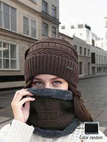 2pcs/Set Hat & Scarf For Women, Autumn/Winter Warm Knitted Hat With Thermal Lined, Versatile Riding Ear Protection Hat & Fuzzy Scarf, Random Color - Multicolor - View 12