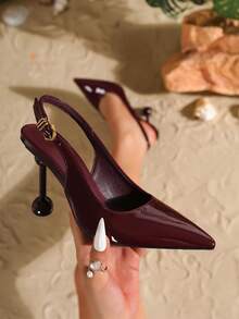 女士酒红色漆皮尖头不对称高跟鞋，优雅正式时尚闭趾搭扣派对礼服鞋，通勤高跟鞋 - 酒紅色 - 查看 2