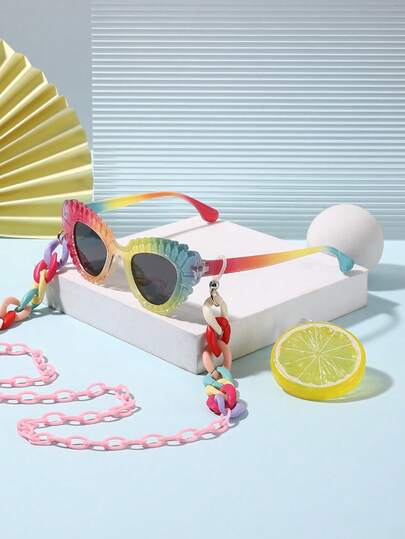 1 Set 1 PC Girl's 4-8Y Bohemian Retro Whimsical Multicolor Cat-Eye Polycarbonate Frames Fashion Glasses And 1 PC Bohemian Multicolored Ring-Clip Eyeglass Chain For Beach Vacation And Party With Glasses Box