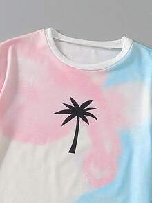 2 件男童扎染棕榈树印花短袖 T 恤和纯色短裤套装，夏季时尚休闲运动套装 - 珊瑚粉 - 查看 8