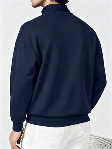 Men's Casual Fashion Versatile Letter Print Zip-Up Collar Sweatshirt, Autumn/Winter - Navy Blue - View 2