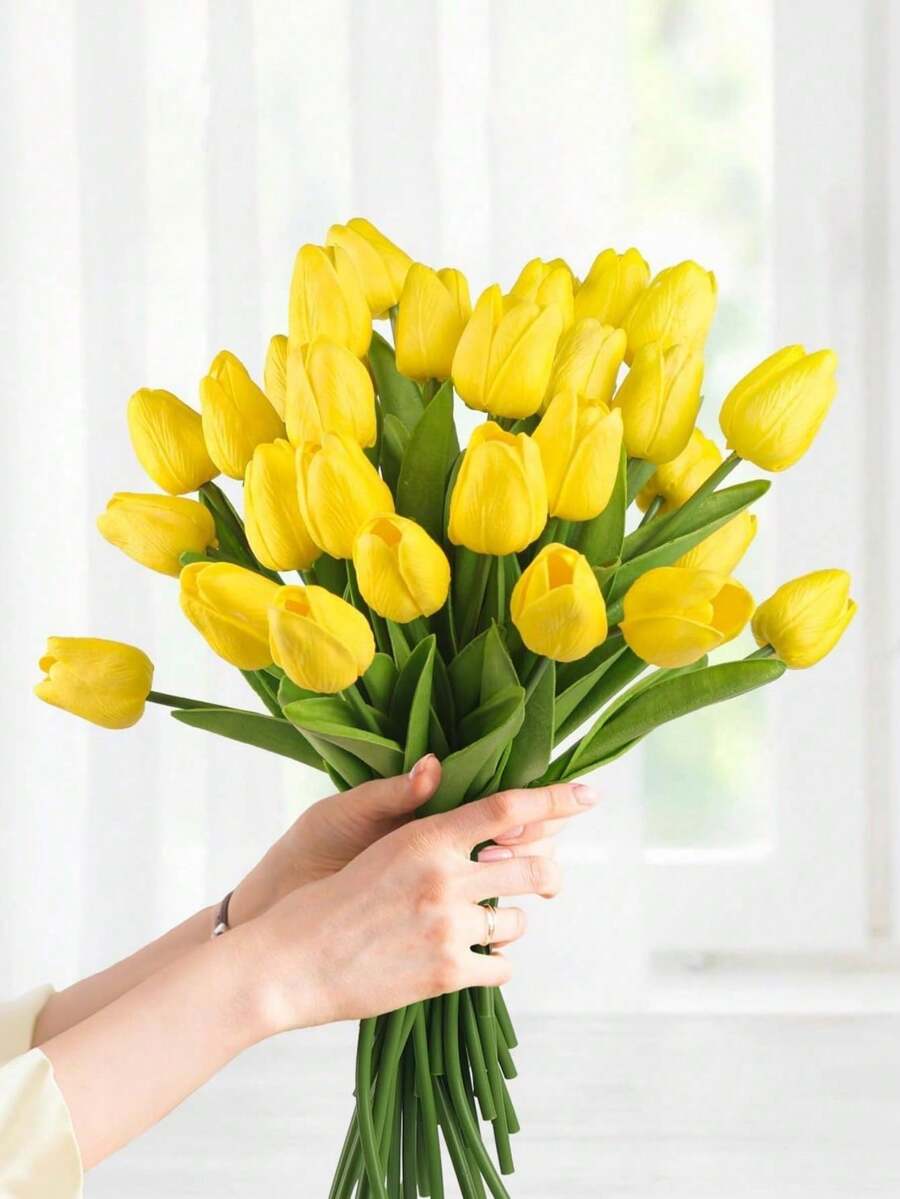 20pcs Artificial Yellow To Pink Gradient Tulip Flowers, Suitable For Home Decor, Valentine's Day Gift, Hotel, Party, Wedding, Tabletop Decoration, Beautiful But Odorless