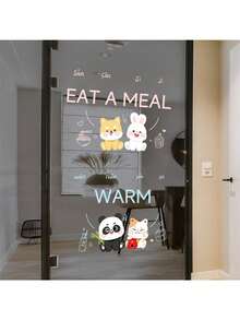1pc Cute Animal Static Cling Window Sticker, "Dining" And "Warmth" Slogan Window Stickers, Removable Panda And Rabbit Stickers, Suitable For Cafes, Restaurants, Kitchens, Bistros, And Dormitory Decorations And Gift Ideas. Made Of High-Quality PVC Material; Suitable For Glass Surfaces, Bathroom Mirrors, Shop Windows, And Is An Ideal Choice For Home Decor Enthusiasts - Multicolor - View 1