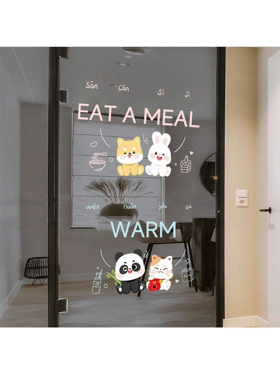 1pc Cute Animal Static Cling Window Sticker, "Dining" And "Warmth" Slogan Window Stickers, Removable Panda And Rabbit Stickers, Suitable For Cafes, Restaurants, Kitchens, Bistros, And Dormitory Decorations And Gift Ideas. Made Of High-Quality PVC Material; Suitable For Glass Surfaces, Bathroom Mirrors, Shop Windows, And Is An Ideal Choice For Home Decor Enthusiasts - Multicolor - View 1