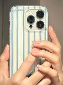1pc Blue Striped Transparent Perforated Phone Case Compatible With Apple 7/8/7P/8X/XR/XSMAX/11/12/13/14/15/16 Series - White - View 2
