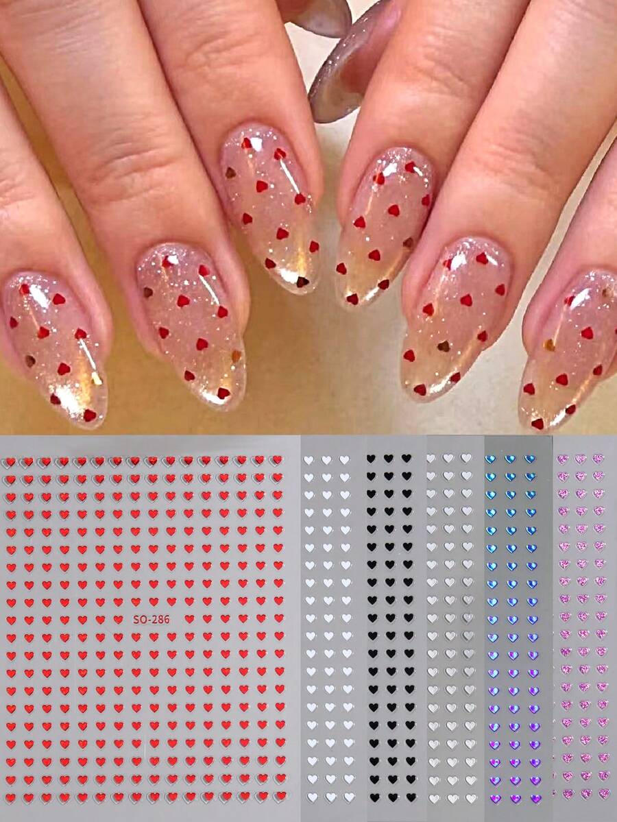 6/2pcs Mini Red Heart Nail Stickers, 6 Colors, Shiny Heart Design, Korean/Japanese Style, Cute & Charming, Y2K Valentine's Day Nail Decor, Self-Adhesive Nail Stickers, Nail Salon Accessories, DIY - Multicolor - View 1