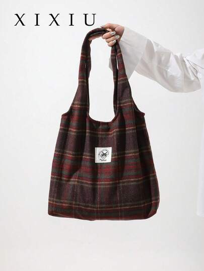 1 avslappnad och snygg rutig tygväska, stor axelväska med dubbelt handtag för kvinnor, hopfällbar och lätt tygväska, shoppingväska, lämplig för kvinnor och studenter på semester, till skolan och shopping.