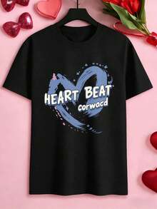 T-shirt nera con stampa grafica del battito cardiaco, 100% cotone, vestibilità comoda, stile streetwear e hip-hop, stampa artistica - nero - Visualizzare 2
