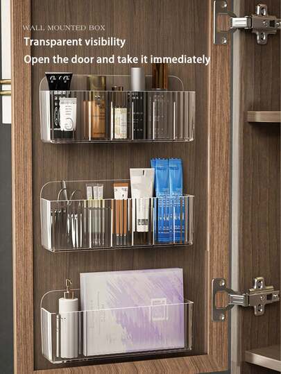 1pc Wall-Mounted Mirror Storage Box With Compartments, Bathroom Medicine Cabinet Organizer For Storing Cosmetics, Lipsticks, Face Masks, Etc.