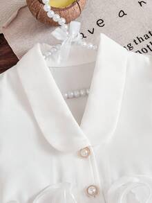 Set de 2 piezas: Blusa corta blanca de verano con mangas abullonadas de perlas + Minifalda de satén con volantes en el bajo, estilo callejero dulce para niña - Blanco - Ver 6