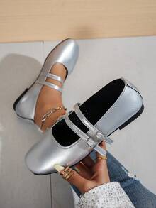 New Fashion Metal Buckle Decor Strap Buckle Flat Shoes, Comfortable Non-Slip Versatile Style Suitable For Daily Wear And Commuting - Silver - View 5