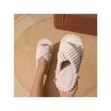 Women's Plush Cross-Strap Slippers, Open-Toe Slippers, Warm Cotton Slippers For Home Wear, Available In Burgundy, Khaki, Pink, White, And Coffee Colors. - Màu Khaki - Xem 4