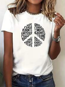 Fashionable T-Shirt With Letter Print, Round Neck, Short Sleeves, Loose Fit, Women's Sportswear, Halloween Clothing, Women's Shirt, Women's Clothing, Suitable For Easter, Halloween, Thanksgiving Etc., Suitable For All Seasons, Suitable For Christmas, Easter, Halloween, Thanksgiving Etc. - 白色 - 查看 7