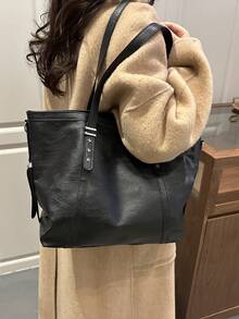 1pc Bag Female Bag Preference Bag Fashion New 2026 Tote Bag Fashion College Style Joker Solid Color Soft Leather Commuter Shoulder Bag High Quality Tote Bag Leisure Large Capacity Messenger Bag Female. - Black - View 4