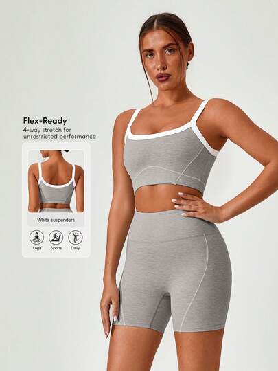 Sodalemon Women's 2 Pieces Fitness Set, Contrast Color Thick Yoga Sports Bra Seamless Butt-Lifting Shorts, Elastic Training Casual Outdoor Sports Suit