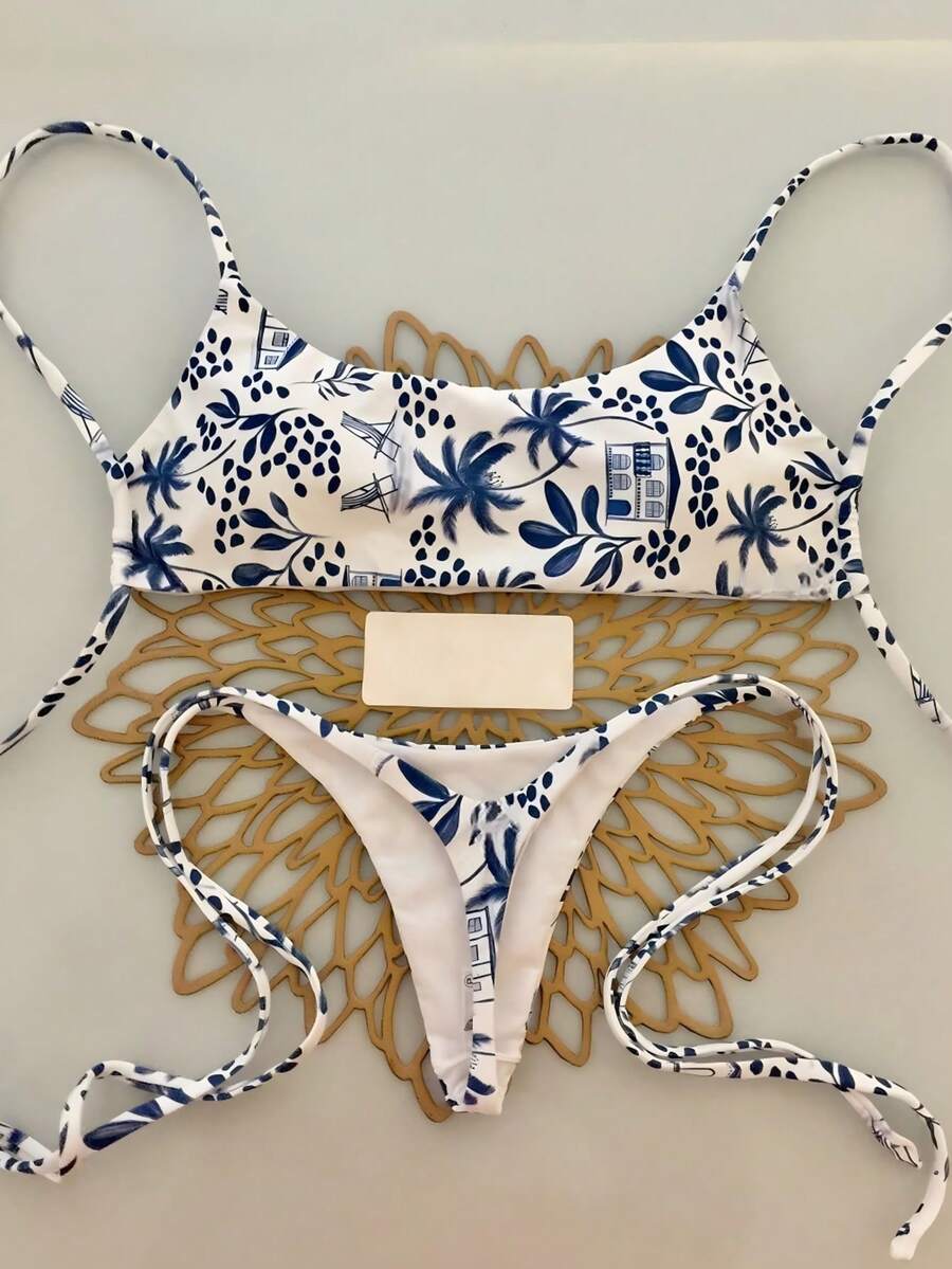 2pcs Casual Elegant Sexy Bohemian Leopard Star Print Tie-Up Crochet Contrast Trim Bikini Swimwear, Beach Holiday, Spring/Summer - Blue - View 1