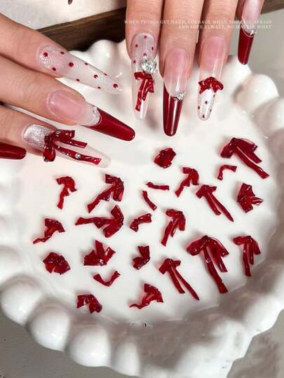 红色蝴蝶结美甲装饰，美甲配件，秋冬DIY美甲装饰，美甲用品，美甲贴纸，适用于女士美甲沙龙、时尚派对、情人节、母亲节、日常使用