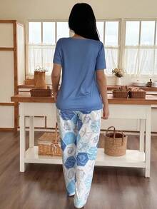 蓝色蝴蝶结印花短袖长裤女士睡衣套装 - 藍色 - 查看 3