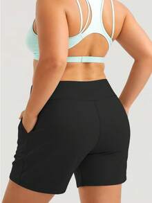 Plus Size Women High Waist Yoga Shorts With Pockets, Butt Lifting Sports Shorts For Gym Workout Running - Black - View 4