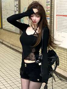 性感撞色蕾丝长袖T恤，修身剪裁，优雅时尚 - 黑色 - 查看 4