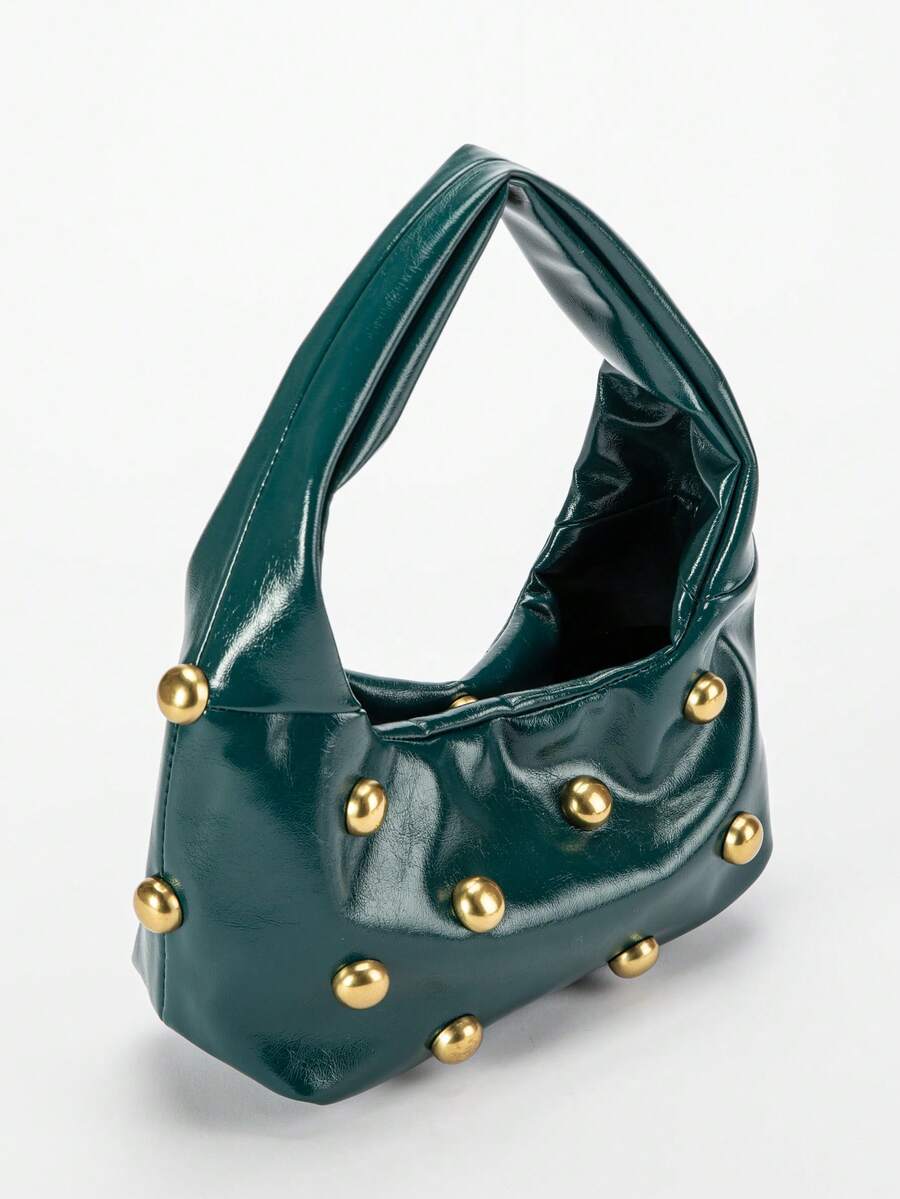 2026新款铆钉装饰油皮单肩包，复古腋下包或新月形手提包，非常适合女性参加节日派对、工作、通勤和休闲场合。 - Fresh Green - 查看 1