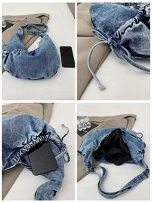 Túi đeo vai vải bố màu xanh lam kiểu Nhật Bản, túi đeo chéo thời trang có khóa kéo và nơ xếp ly, túi xách gấp gọn hình lưỡi liềm thích hợp đi học/đi làm/đi làm hàng ngày. - Nhiều màu - Xem 12