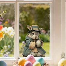 1张复古绅士兔手捧彩蛋窗贴，可移除PVC材质，适用于春季复活节卧室、客厅、阳台和商店橱窗装饰 - 彩色 - 查看 4