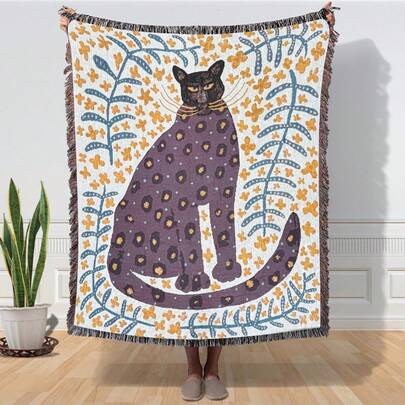 1pc Leopard Print Bohemian Jacquard Tassel Blanket, Versatile For All Seasons, Suitable For Camping, Sofa, Office, Bedroom, And Living Room Decor