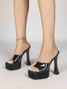 Transparent Crystal Rhinestone Super High Heel Wedge Sandals, Waterproof Platform, Sexy Square Toe, Non-Slip, Suitable For Car Models, Hotel, Wedding, Summer - Black - View 2