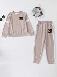 2pcs/Set Tween Boy Spring/Autumn Printed Sweatshirt & Pants Casual Outfit
