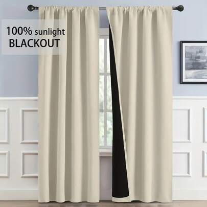 1pc Blackout Thermal Curtain Fabric - 99% UV-Resistant Polyester, Rod Pocket Hanging, Non-Bleachable Plain Weave, Bedroom Art Theme, Coated Blackout Thermal, Noise Reducing - Ideal For Bedroom, Farmhouse And School Deep Sleep