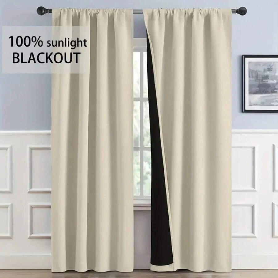 1pc Blackout Thermal Curtain Fabric - 99% UV-Resistant Polyester, Rod Pocket Hanging, Non-Bleachable Plain Weave, Bedroom Art Theme, Coated Blackout Thermal, Noise Reducing - Ideal For Bedroom, Farmhouse And School Deep Sleep - Beige - View 1