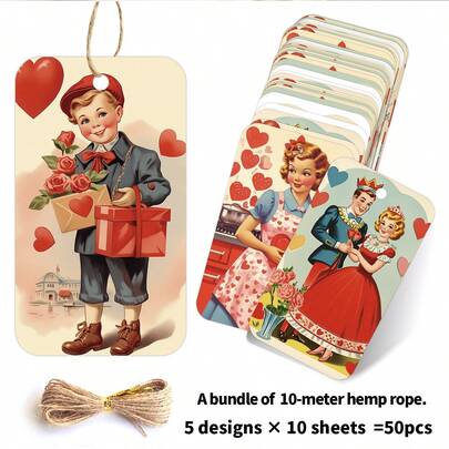 50pcs Vintage Valentine's Day Gift Tags With Hemp Rope - Love Theme Holiday Gift Tags, Gift Packaging Hanging Labels For Valentine's Day, Anniversaries, Weddings, And Love Celebrations