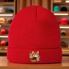 Red Bear In Nature Sewing Knitted Hat - Breathable, Non-Pilling, Soft And Elastic, Elegant Red Bear And Green Leaf Print, Unisex Winter Hat - Navy Blue - View 5