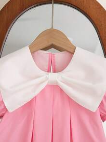 Young Girls Summer New Peter Pan Collar Bow Ruffle Cartoon Animal & Plant Print Casual Dress - Pink - View 4