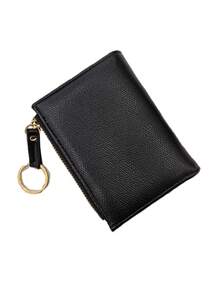 New Women Wallet & Key Chain, Asymmetrical Design Ultra-Thin Portable Bifold Zipper Coin Purse - Black - View 7
