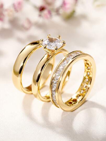 3 Pcs/Set Gorgeous Cubic Zirconia Ring Set For Women For Wedding Engagement Anniversary Jewelry Valentine's Day Gift