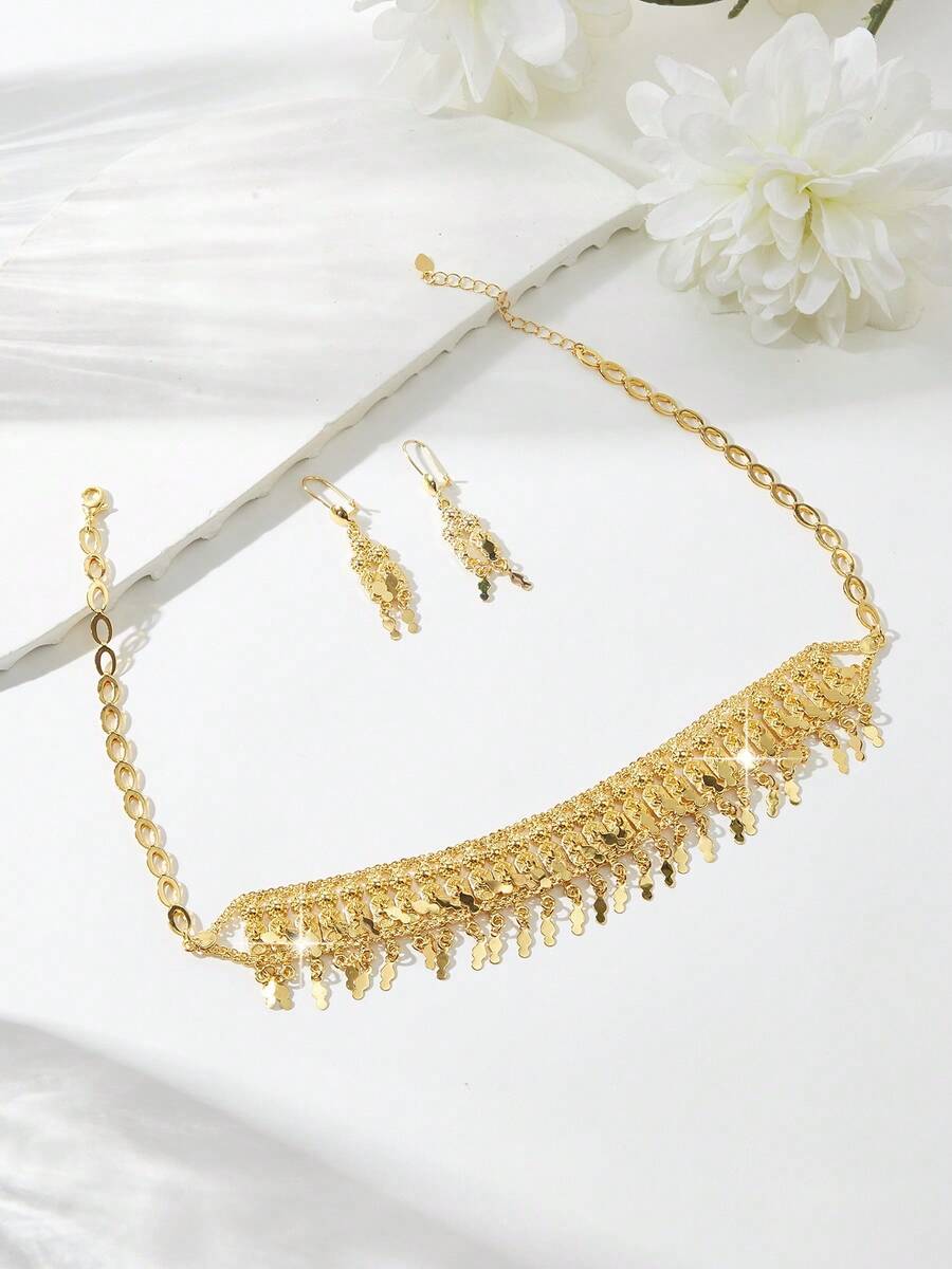 18K Gold Plated Vintage Elegant Square Design Necklace For Women, High-End Copper Alloy Fashion Necklace, Suitable For Nigeria, Dubai, Middle East, Saudi Arabia, Bridal Wedding, Daily Wear, Anniversary Gift, Halloween Gift - PXLEH-258 - View 1