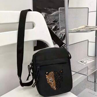 American Leopard Print Crossbody Bag - Adjustable Strap, Zipper Closure, Fashionable & Durable Polyester Lining, Essential For Daily Commute & Travel, Casual Street Accessory, Available In Black