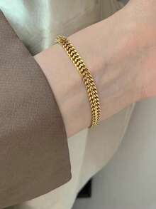 1条女童手链，嘻哈风格叠戴设计，不锈钢防水沙滩度假链手链，日常佩戴配饰（不含礼盒） - 金色 - 查看 5