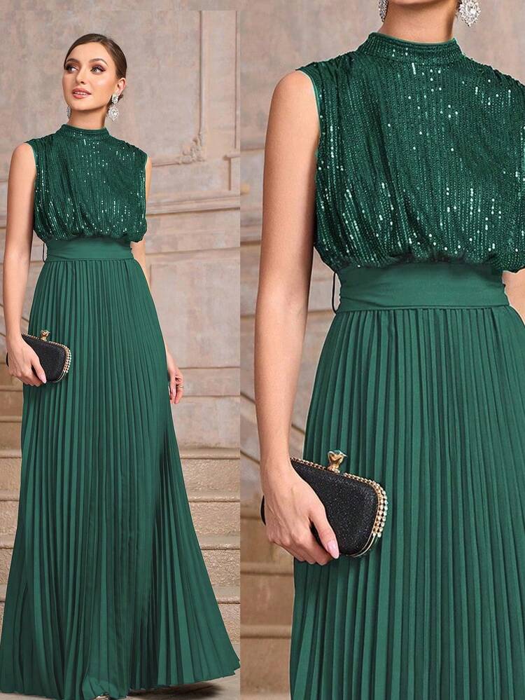 Elegant Pleated Lace Patchwork Button Women Formal & Evening Dresses - Green - View 1