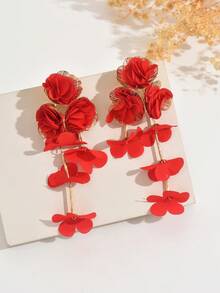 1对夏季度假风夸张花朵流苏耳环，波西米亚海滩海洋度假风优雅雪纺花朵多层耳环，适合女性日常、派对、度假佩戴（手工制作，可能存在轻微胶水痕迹） - 紅色 - 查看 3