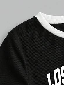 Teen Girl Letter Print Short Sleeve T-Shirt And Wide Leg Pants Casual Suit - Black - View 3