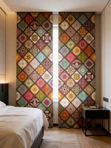 2pcs Boho Mandala Light Blocking Curtains,Bohemian Farmhouse Curtains, Retro Style Polyester Fiber Material Curtain,Sun-Blocking And Privacy-Protecting,Suitable For Bedrooms, Living Rooms,Dining Rooms,Bars,Party Game Rooms,Dormitories,And Home Decor,Easy-Care Washable, Light Filtering ,Farmhouse Decor - Bohemia - View 3