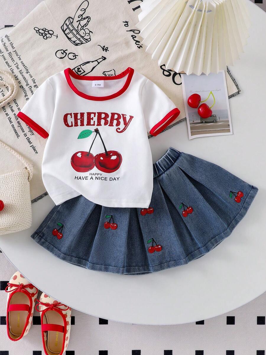 2pcs Baby Girl Set: Cherry Print Short Sleeve T-Shirt Top And Cherry Embroidered Pleated Denim Mini Skirt - White - View 1